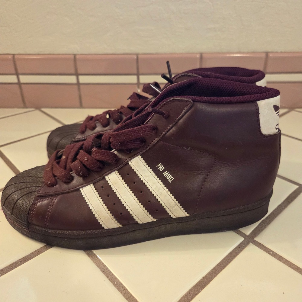 Adidas Pro Model B39374 Maroon Burgundy Leather Shell Toe Mid Top Sneakers Men 5
